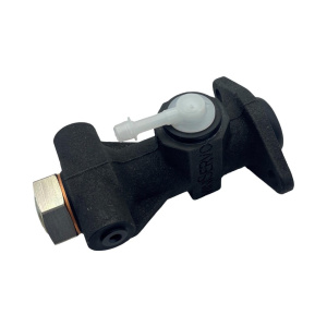 Black industrial valve component with white fitting